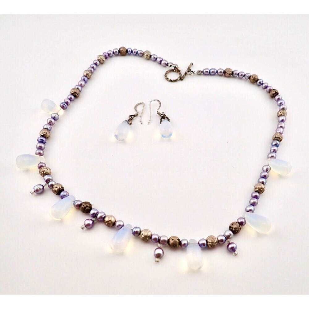 Southwest Silver & Opal Beaded Necklace Matching Earring Set Teardrop Opalescent